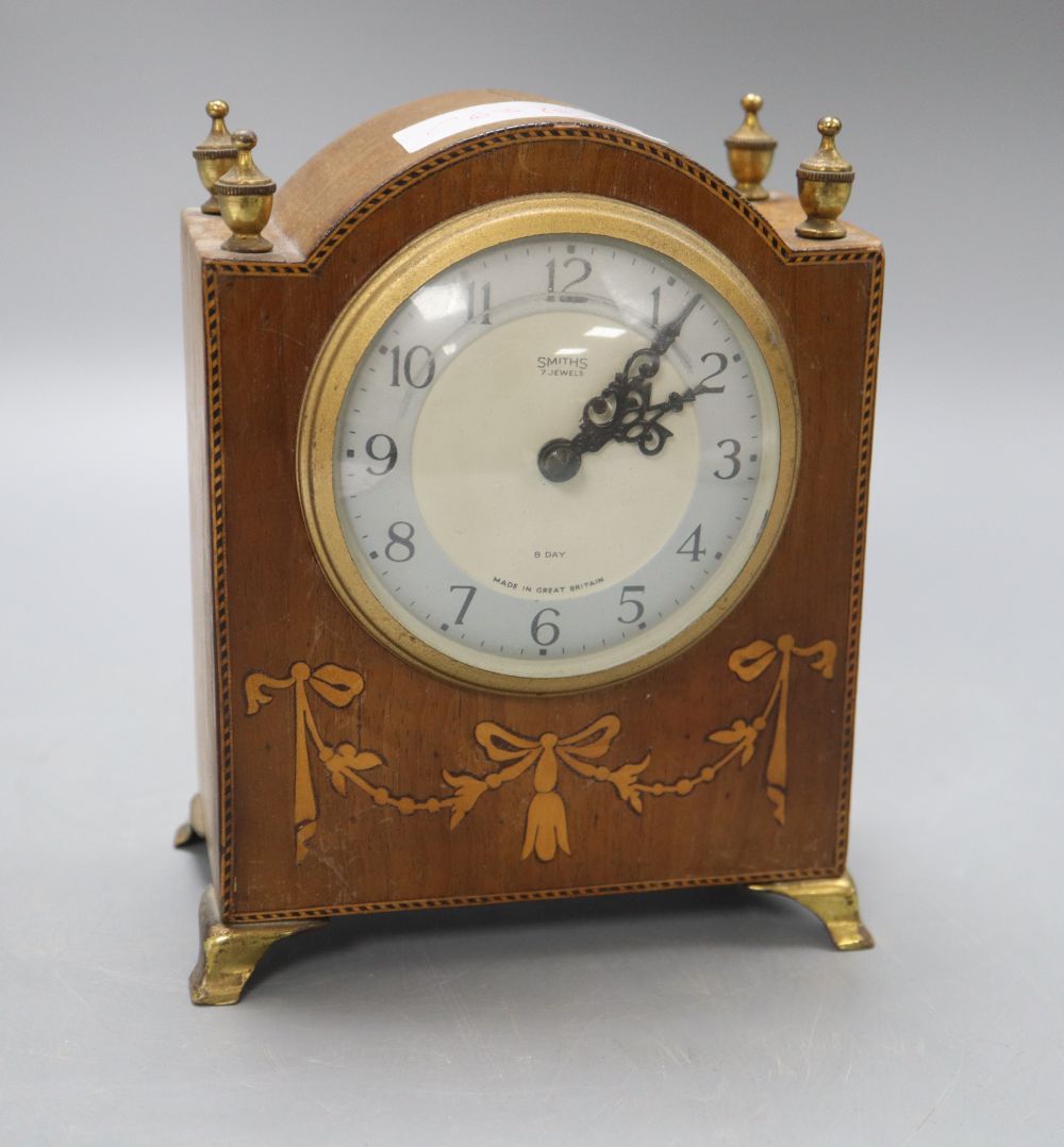 A Smiths inlaid mahogany timepiece, height 17cm